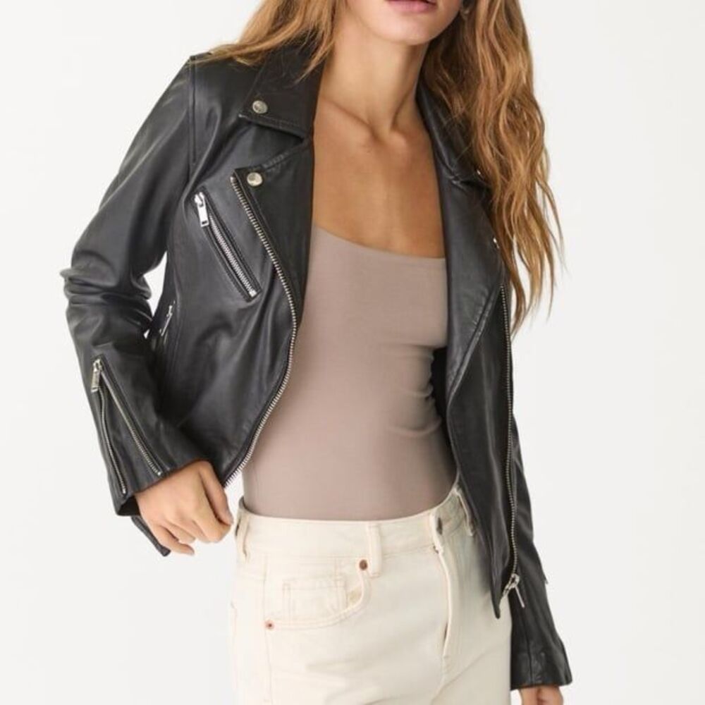 Stradivarius Genuine Leather Moto Biker Jacket Black Size S